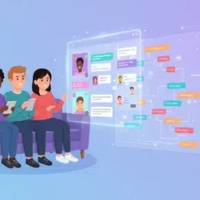 Three individuals sit on a couch, using smartphones, with a visual display of chat messages and a chatbot interface beside them.