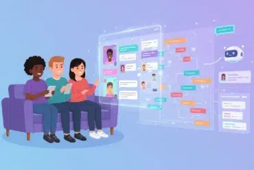 Three individuals sit on a couch, using smartphones, with a visual display of chat messages and a chatbot interface beside them.