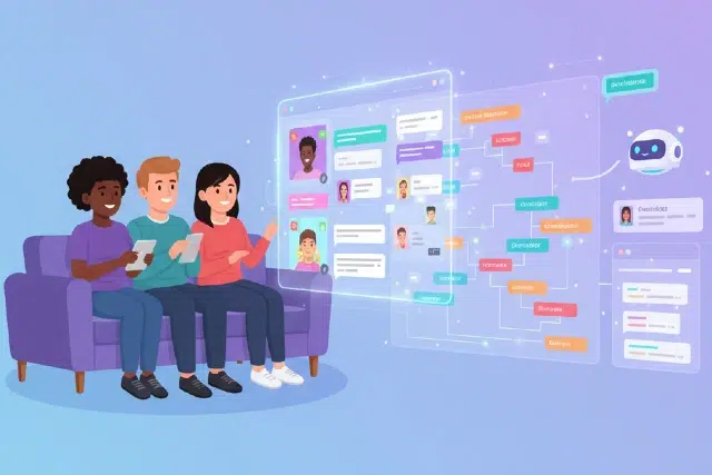 Three individuals sit on a couch, using smartphones, with a visual display of chat messages and a chatbot interface beside them.