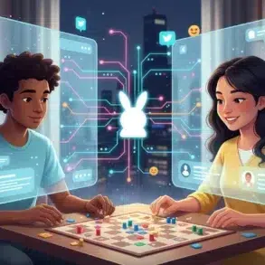 Two players focus on a board game, surrounded by digital overlays of social media icons and data, set against a city skyline backdrop.