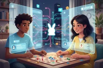 Two players focus on a board game, surrounded by digital overlays of social media icons and data, set against a city skyline backdrop.
