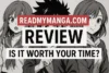 A black and white manga-style illustration features two characters with text overlay: "READMYMANGA.COM REVIEW - IS IT WORTH YOUR TIME?"