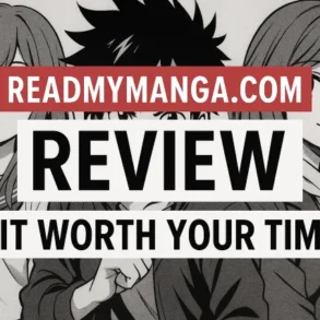 A black and white manga-style illustration features two characters with text overlay: "READMYMANGA.COM REVIEW - IS IT WORTH YOUR TIME?"