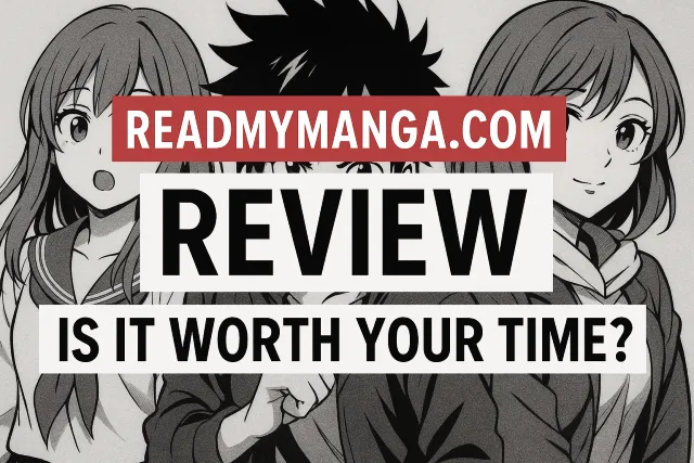 A black and white manga-style illustration features two characters with text overlay: "READMYMANGA.COM REVIEW - IS IT WORTH YOUR TIME?"