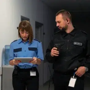 A security officer and a staff member walk down a hallway, reviewing information on a tablet in a professional setting.