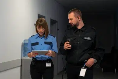 A security officer and a staff member walk down a hallway, reviewing information on a tablet in a professional setting.