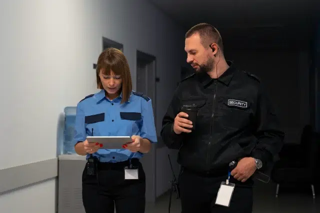 A security officer and a staff member walk down a hallway, reviewing information on a tablet in a professional setting.