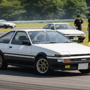 A white Toyota AE86 driving on a track, with a sign reading "For Sale" prominently displayed nearby..