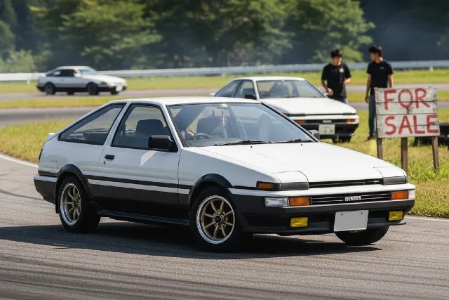 A white Toyota AE86 driving on a track, with a sign reading "For Sale" prominently displayed nearby..