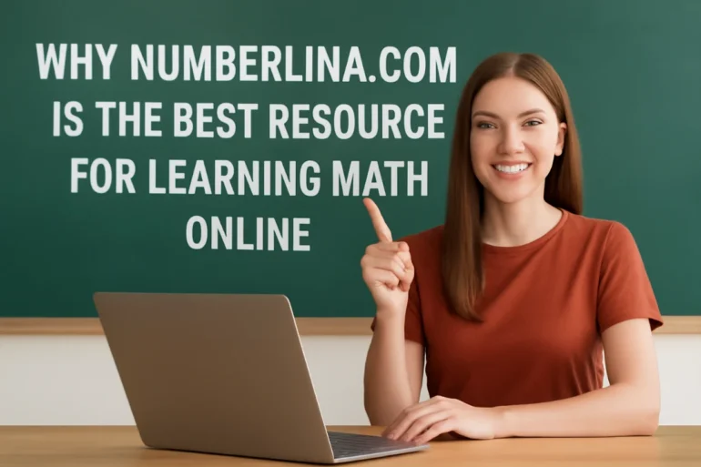 A young woman smiles and points at the camera with a laptop in front of her, with a green chalkboard in the background, representing numberlina.com.