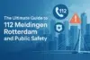 Graphic promoting "The Ultimate Guide to 112 Meldingen Rotterdam" featuring icons for emergency services and public safety, with a city skyline.