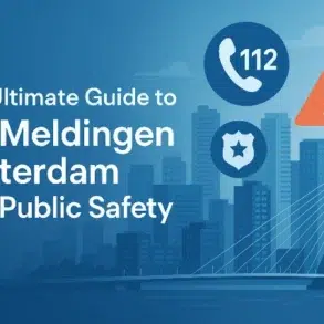 Graphic promoting "The Ultimate Guide to 112 Meldingen Rotterdam" featuring icons for emergency services and public safety, with a city skyline.