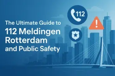 Graphic promoting "The Ultimate Guide to 112 Meldingen Rotterdam" featuring icons for emergency services and public safety, with a city skyline.