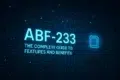 Text on a circuit board background: "ABF-233 THE COMPLETE GUIDE TO FEATURES AND BENEFITS" in glowing blue letters.
