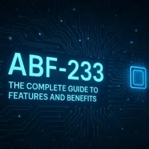 Text on a circuit board background: "ABF-233 THE COMPLETE GUIDE TO FEATURES AND BENEFITS" in glowing blue letters.
