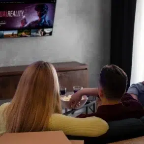 A group of three people sits on a couch, watching a TV screen displaying a virtual reality game, with popcorn and drinks nearby.
