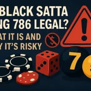 Graphic asking about the legality of Black Satta King 786, featuring dice, chips, and warning symbols about its risks.