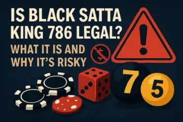 Graphic asking about the legality of Black Satta King 786, featuring dice, chips, and warning symbols about its risks.