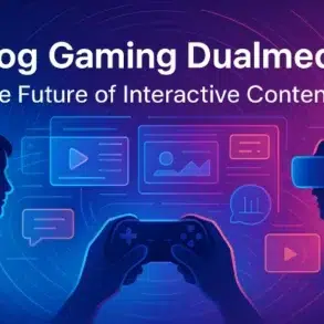 Silhouettes of two gamers holding a controller, surrounded by icons representing interactive media and technology advancements.