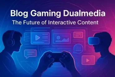 Silhouettes of two gamers holding a controller, surrounded by icons representing interactive media and technology advancements.