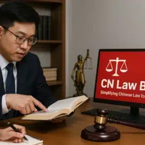 A lawyer reviews a book while pointing to information on a screen displaying "CN Law Blog" and a Chinese flag. A gavel rests on the desk.