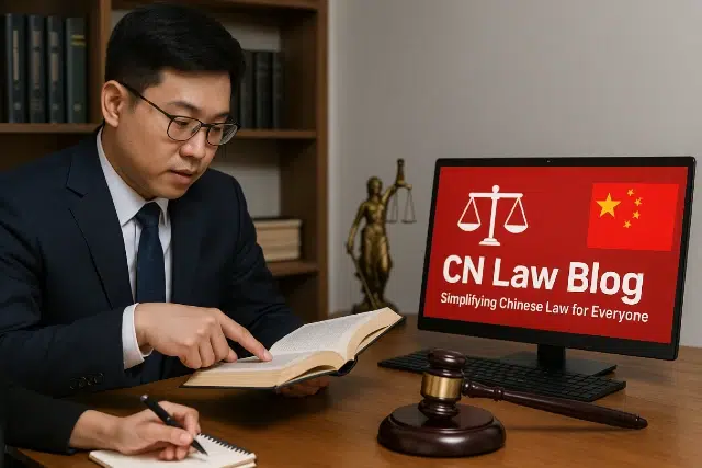 A lawyer reviews a book while pointing to information on a screen displaying "CN Law Blog" and a Chinese flag. A gavel rests on the desk.