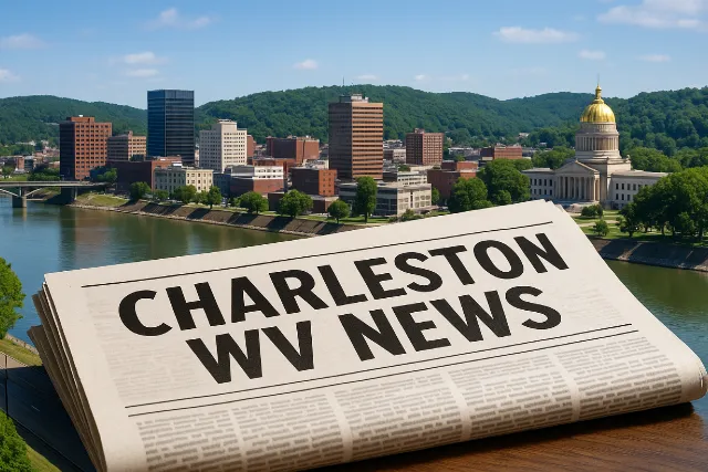A newspaper titled "Charleston WV News" sits in the foreground, framed by a view of Charleston's skyline and Capitol building across the river.