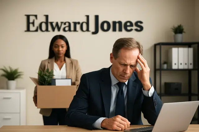 A businessman sits at a desk with a laptop, looking stressed, while a woman stands behind him, holding a box of belongings.
