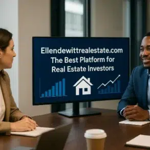 A professional meeting in a modern office, featuring a presentation on a screen about a real estate investment platform.