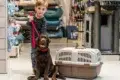 A young child stands in a pet store, holding a red leash attached to a playful brown Labrador Retriever beside a pet carrier.