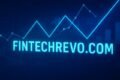 Neon blue logo of FinTechRevo.com above a digital graph with fluctuating lines and bars, symbolizing financial technology advancements.