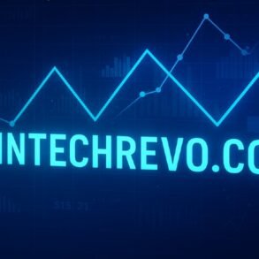 Neon blue logo of FinTechRevo.com above a digital graph with fluctuating lines and bars, symbolizing financial technology advancements.
