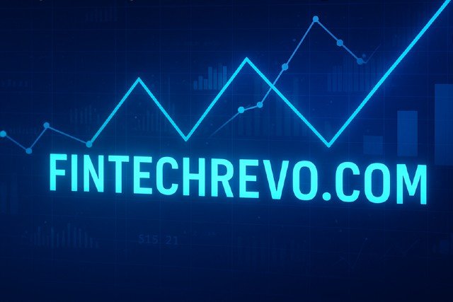Neon blue logo of FinTechRevo.com above a digital graph with fluctuating lines and bars, symbolizing financial technology advancements.