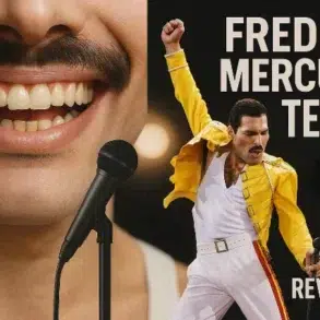 Freddie Mercury performing in a bright yellow jacket, with bold text highlighting his teeth and a narrative about them.