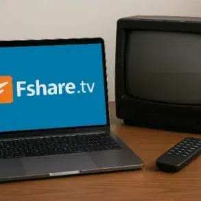 A modern laptop displaying the Fshare.tv logo next to a vintage television and remote, symbolizing streaming evolution.