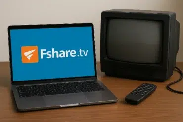 A modern laptop displaying the Fshare.tv logo next to a vintage television and remote, symbolizing streaming evolution.