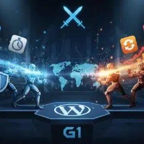A digital battle scene with blue and orange robots clashing over icons representing WordPress and web tools, set against a tech backdrop.