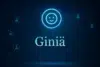 A glowing smiley face icon connected to user silhouettes, with the name "Giniä" prominently displayed against a dark background.