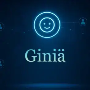 A glowing smiley face icon connected to user silhouettes, with the name "Giniä" prominently displayed against a dark background.