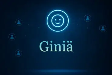 A glowing smiley face icon connected to user silhouettes, with the name "Giniä" prominently displayed against a dark background.