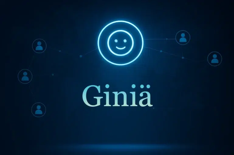 A glowing smiley face icon connected to user silhouettes, with the name "Giniä" prominently displayed against a dark background.
