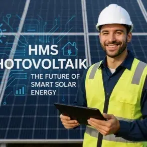 A worker in a hard hat and safety vest holds a tablet in front of solar panels, highlighting advancements in solar energy technology.