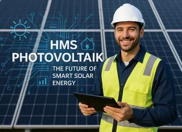 A worker in a hard hat and safety vest holds a tablet in front of solar panels, highlighting advancements in solar energy technology.