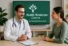 A doctor in a white coat sits at a table with a patient, with a "Health Threetrees" wellness guide displayed on a screen behind them.