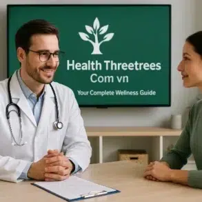 A doctor in a white coat sits at a table with a patient, with a "Health Threetrees" wellness guide displayed on a screen behind them.
