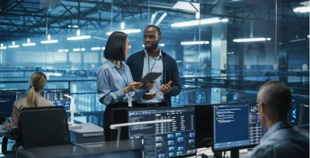 A modern office environment with workers collaborating in front of computer screens, showcasing a busy tech workspace.