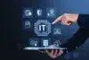 A hand pointing at a digital interface with IT icons, symbolizing technology, data, security, and artificial intelligence.