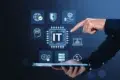 A hand pointing at a digital interface with IT icons, symbolizing technology, data, security, and artificial intelligence.
