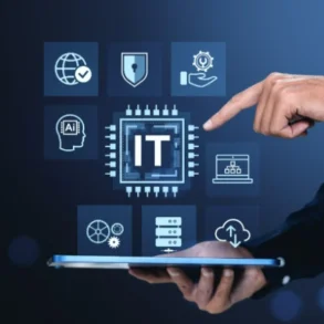 A hand pointing at a digital interface with IT icons, symbolizing technology, data, security, and artificial intelligence.