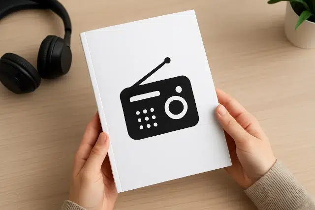A person holds a book with a large black radio icon on the cover, surrounded by headphones and a small potted plant on a wooden table.